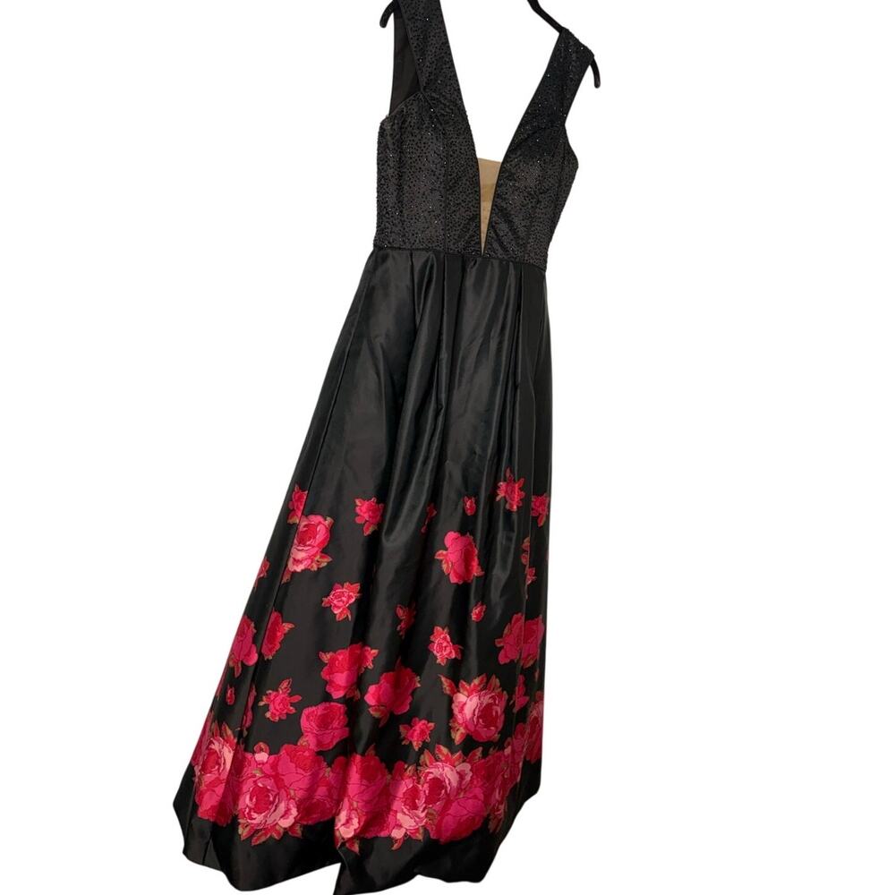 Sherri Hill Floral Printed Satin Ball Gown 10 Deep V-Neckline Beaded Black Prom